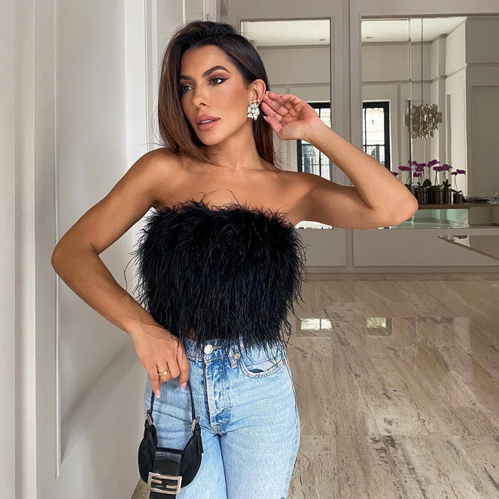 Color-Black-Fashion Feather Fur Tube Top Party Sexy Top Crop Top Tank Camis-Fancey Boutique