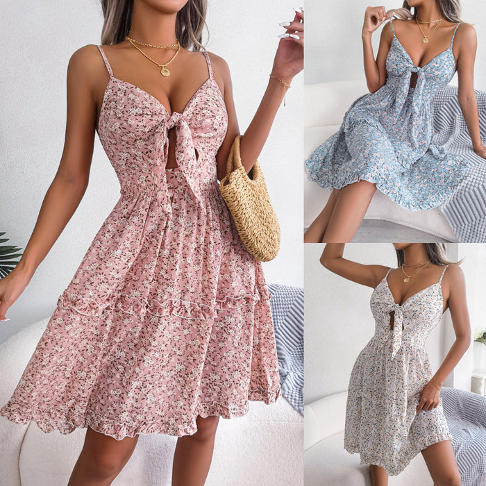 Spring Summer Floral Bow V-neck Ruffled Large Swing Dress Holiday Cami Dress Women Clothing-Fancey Boutique