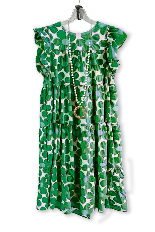 Color-Green-Ladies Floral Casual Flying Sleeves Gathers Ruffled Printed Mid Length Dress-Fancey Boutique