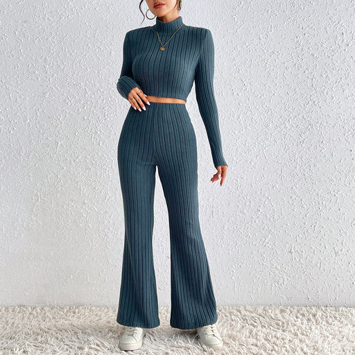 Color-Blue-Autumn Winter Solid Color Knitted Long Sleeve Turtlenecks Wide Leg High Waist Trousers Suit-Fancey Boutique