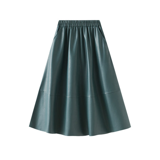 Color-Blue-Artificial Leather Retro Leather Skirt Mid Length Skirt Women High Waist A Line Skirt Long Skirt Elegant Umbrella Skirt-Fancey Boutique