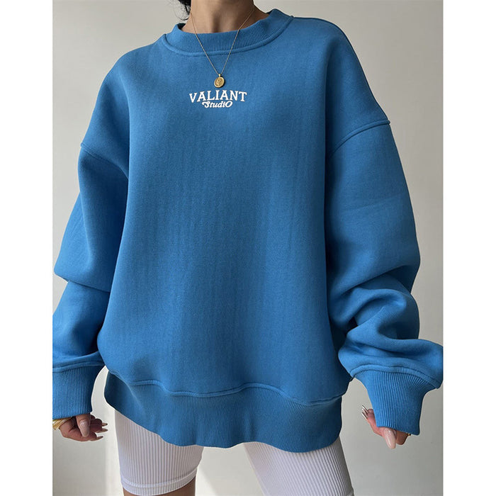 Color-Blue-Round Neck Printed Pullover Solid Color Long Sleeve Sweater for Women Autumn Loose All Matching Top-Fancey Boutique