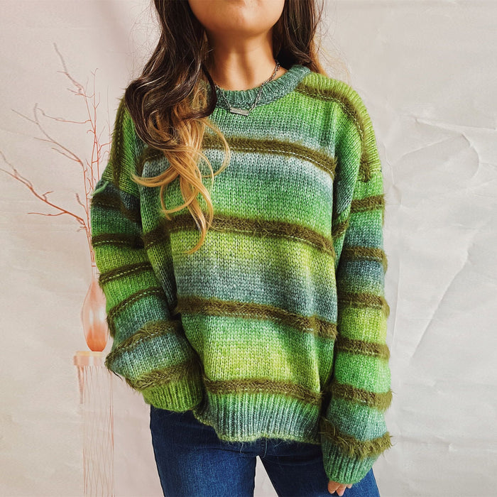 Color-Green-Autumn Winter Loose Gradient Color Striped Imitation Marten Knitted Round Neck Long Sleeve Pullover Sweater for Women-Fancey Boutique