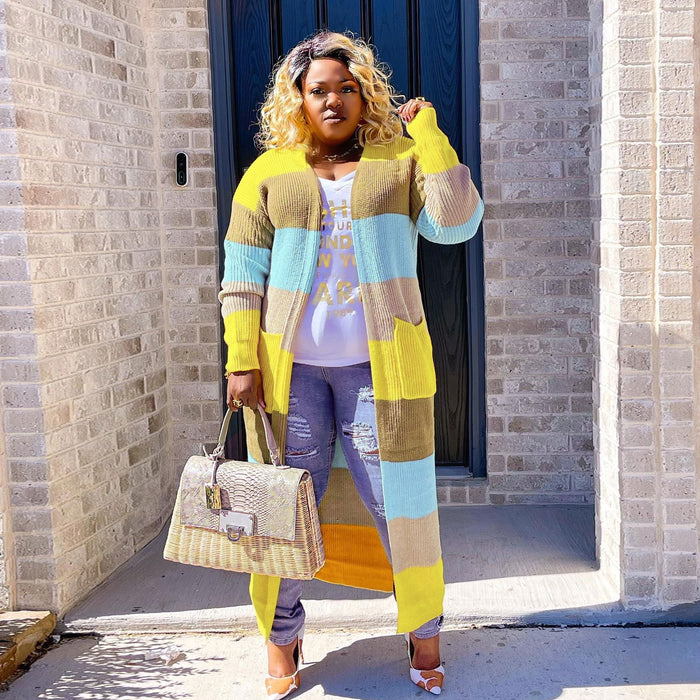 Color-Yellow-Plus Size Sweater Bag Cardigan Long Sleeve Contrast Color Sweater Cardigan-Fancey Boutique