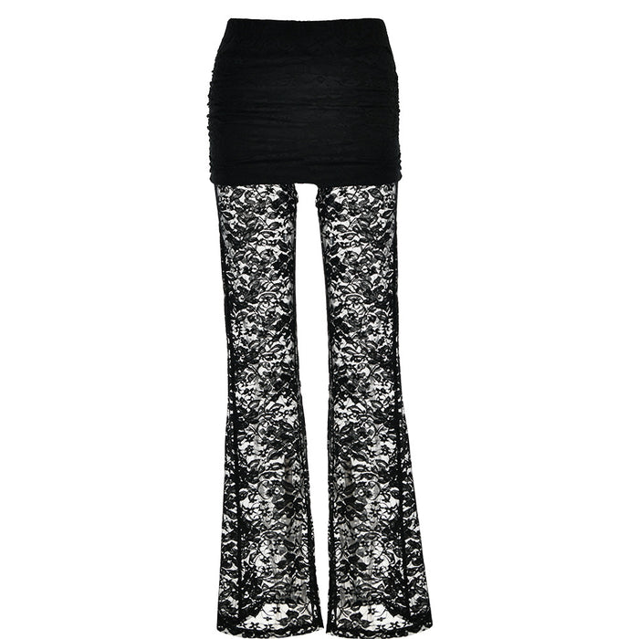 Color-Black-Sexy All Matching Pants Lace Slim Fit Patchwork See through High Waist Flared Pants Women-Fancey Boutique