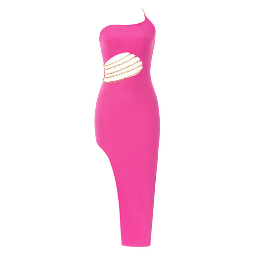 Color-Dark Pink-Dress Bandage Dress One-Shoulder Sexy Chain Waist Hollow Out Cutout Slit Sheath Dress-Fancey Boutique