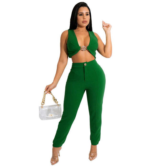 Color-Green-Solid Color Tight Sleeveless Knitted Two-Piece Vest Pants Suit for Women-Fancey Boutique