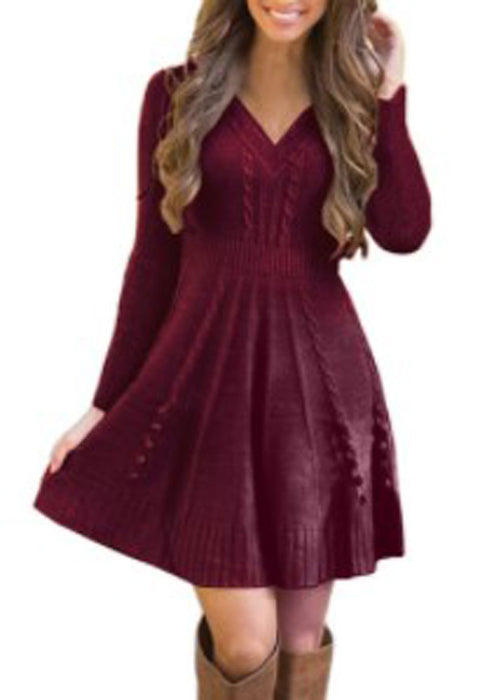 Color-Burgundy-Autumn Winter Sweater Women Loose Knitted Sweater Dress-Fancey Boutique