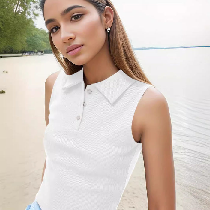 Arrival Summer Rib Polot Shirt Top Women Stand Alone Short Cropped Sleeveless Collared Vest-Fancey Boutique