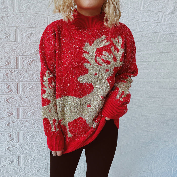 Color-Deer-Year Holiday Pullover Gold Thread Brushed Jacquard Large Snowflake Elk Christmas Sweater for Women-Fancey Boutique