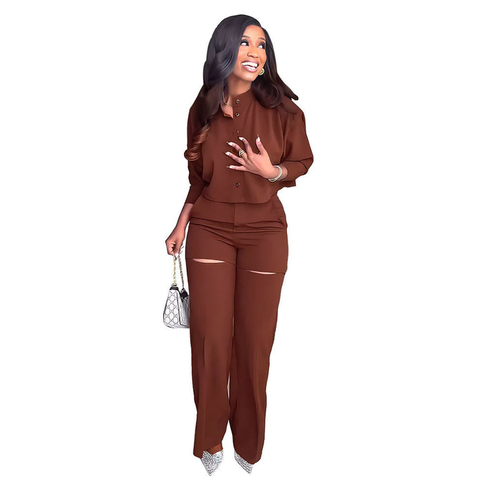 Color-Brown-Long Sleeved Cardigan Short Top Suit Holes High Waist Trousers Two Piece Suit-Fancey Boutique