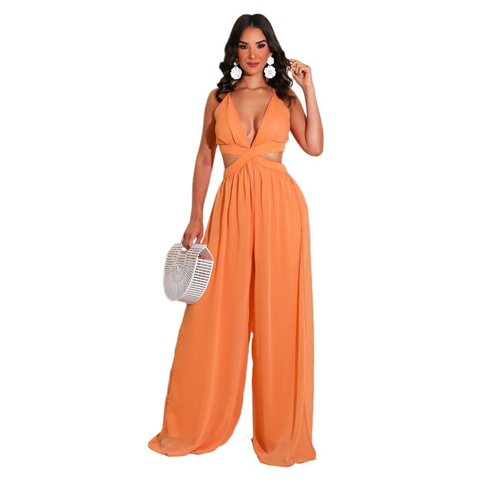 Color-Orange-New Solid Color Casual Loose Chiffon Women Jumpsuit-Fancey Boutique