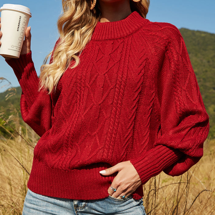 Color-Burgundy-Women Clothing Solid Color Lantern Sleeve Mock Neck Sweater British Loose Pullover Sweater-Fancey Boutique