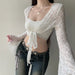 Vacation Solid Color Base Light Hollow Out Cutout Loose Flared Sleeve Cardigan Sexy Lacing Sun Protective Blouse-Fancey Boutique