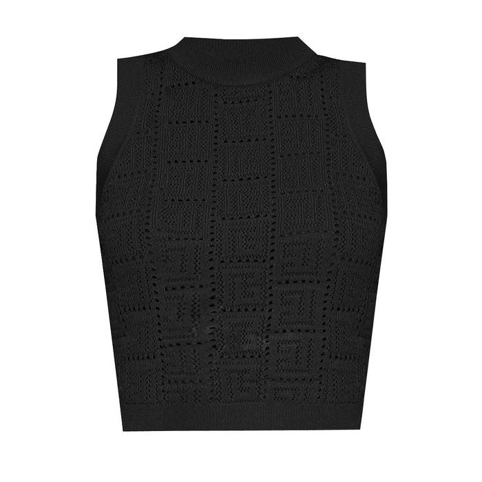 Color-Black Vest-Long Sleeve Short round Neck Hollow Out Cutout out Knitwear Dress Vest Shorts Women-Fancey Boutique