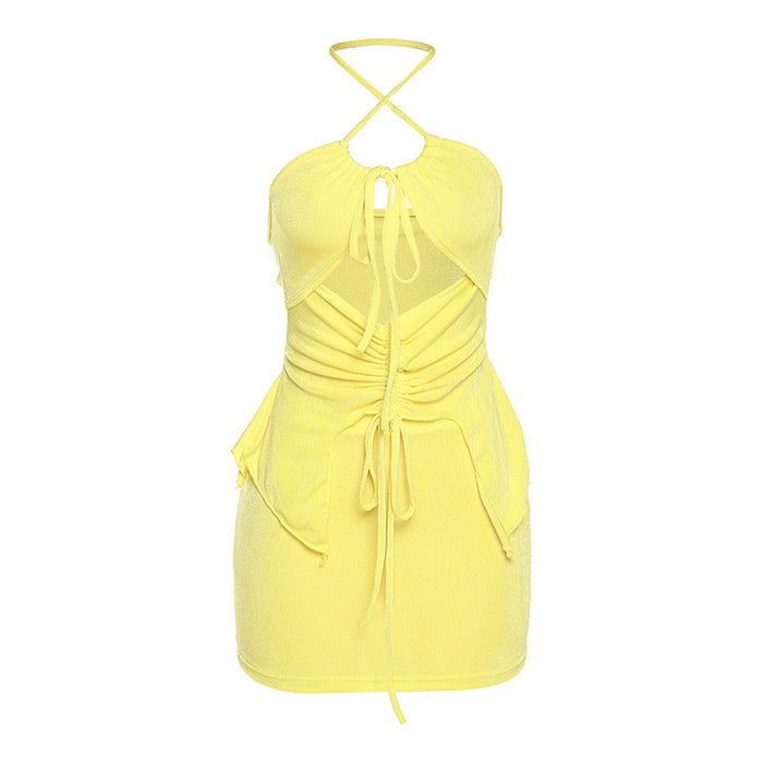 Color-Yellow-Women Clothing Summer Halter Lace up Sexy Backless Slim Fit Hip Skirt Set-Fancey Boutique