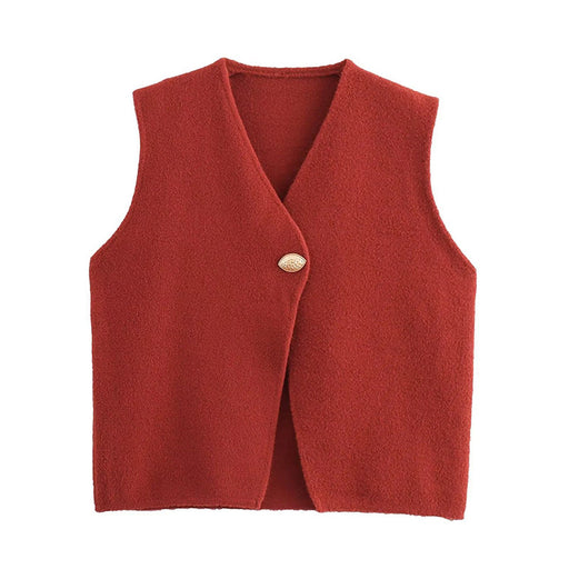 Women French Gold Thread Blended Leaf Buckle Sleeveless Double Sided Cotton Knitted Vest-Red-Fancey Boutique