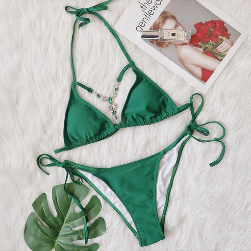 Color-Green-New Swimsuit Sexy Hollow Out Cutout Vintage Crystal Diamond Bikini Strap Women Swimsuit-Fancey Boutique