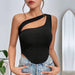 Color-Black-Women Clothing Slim Fit Ultra Short Irregular Asymmetric Hem Shoulder Wrapped Chest Vest Hollow Out Cutout Top-Fancey Boutique
