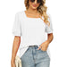 Spring Summer T shirt Solid Color Square Collar Pleated Short Sleeve Puff Sleeve Women-White-Fancey Boutique