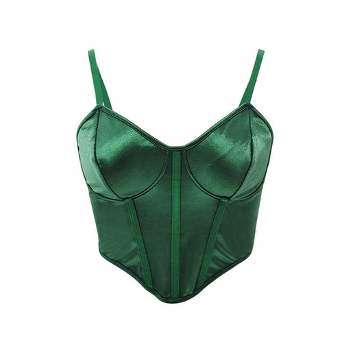 Sexy Slimming Waist Camisole Wrapped Chest Adjustable Spaghetti Strap Satin Short Top Women-Green-Fancey Boutique