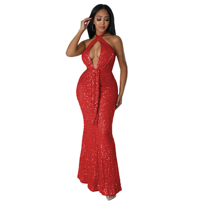 Color-Red-Dress Halter Cut out Ribbon Sequined Sexy Nightclub Dress-Fancey Boutique