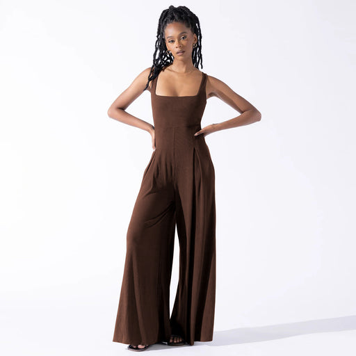Color-Coffee-Spring Summer High Waist Jumpsuit Office Casual Pants Women Solid Color Loose Wide Leg Pants-Fancey Boutique