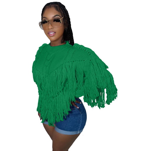 Color-Green-Autumn Winter Knitted Hand Crochet Tassel Sweater Top-Fancey Boutique