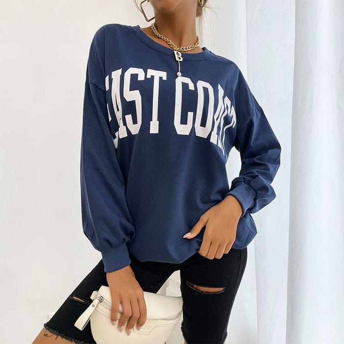 Color-royal blue-Autumn Women Clothing Long Sleeve Letter Graphic Sweater Women-Fancey Boutique