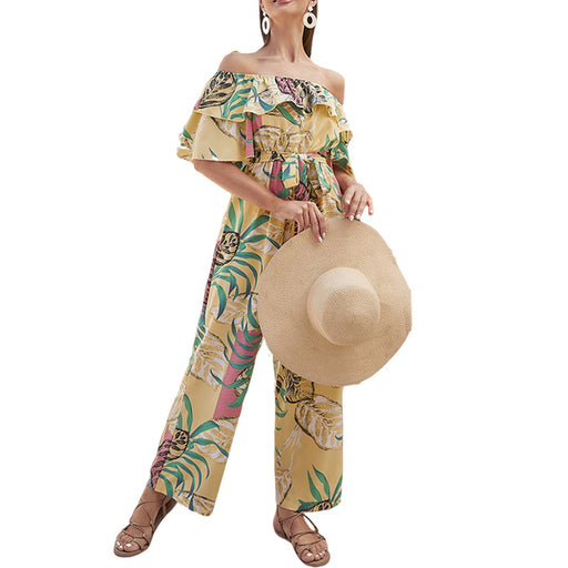 Color-Khaki-Women Clothing Fashion off-Shoulder Floral Jumpsuit Summer Short Sleeve Chiffon Vacation Beach Jumpsuit-Fancey Boutique