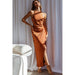 Color-Light Brown-Women Clothing Plain Satin Halter Backless Slit Mid Length Dress-Fancey Boutique