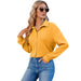 Color-Yellow-Women V Neck Button Down Shirt Solid Color Bubble Wrinkle Loose Long Sleeve Shirt Top-Fancey Boutique
