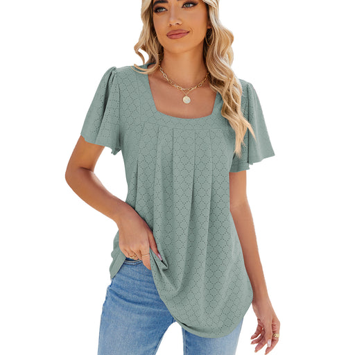 Color-Dark Green-Spring Summer Solid Color Square Collar Pleated Short Sleeves Loose Fitting T shirt Top Women-Fancey Boutique