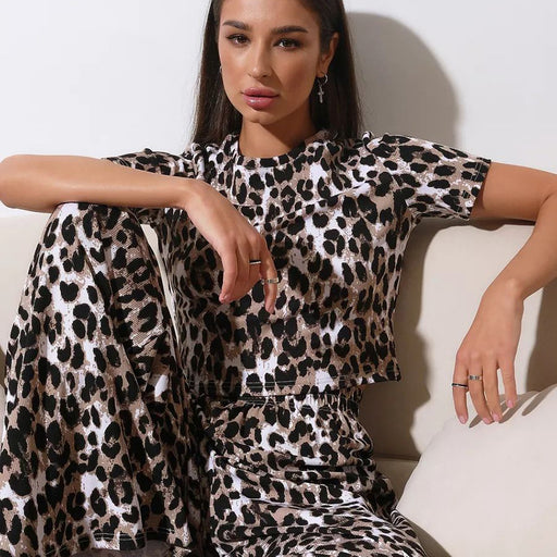 Slim Fit Crop Top Trousers Home Wear Leopard Print Pajamas Women Two Piece Set Can Be Worn outside-White-Fancey Boutique