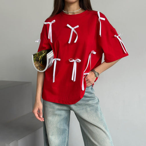 Spring Summer Short Contrast Color Bow Design Loose Lazy Casual Short Sleeve T Shirt Women-Red-Fancey Boutique