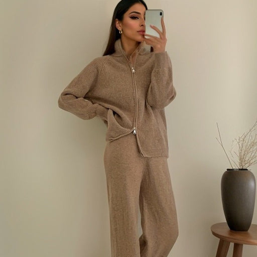 Autumn Winter Thickened Knitting Set Women Zipper Collared Sweater Cardigan Wide Leg Pants-Brown-Fancey Boutique