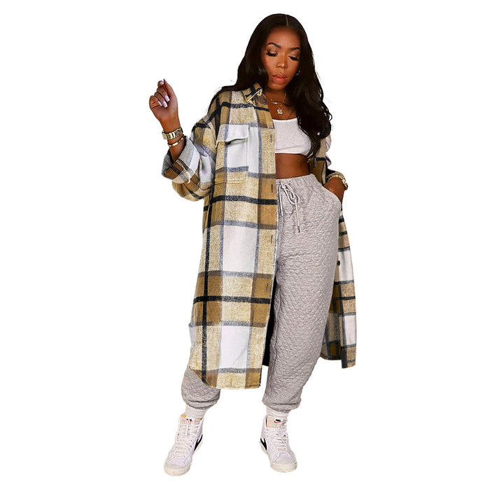 Color-Khaki-Women Clothing Nightclub Uniforms Pocket Plaid Long Shirt Coat-Fancey Boutique