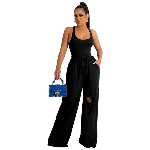 Color-Black-Women Clothing Solid Color U Collar Jumpsuit Ripped Wide Leg Pants Suit-Fancey Boutique