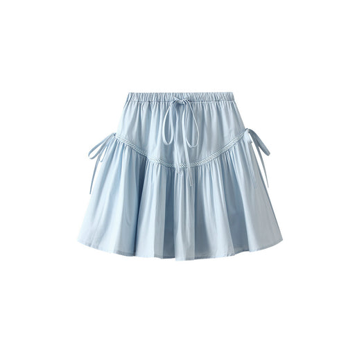 Bow Lace up Puff Short Skirt Women Summer Small A line Skirt Slimming Skirt-Blue-Fancey Boutique