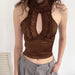 Private Clothing Socialite Lace Cutout Sleeveless Stand Collar Short Top Vest Women All Match-Brown-Fancey Boutique