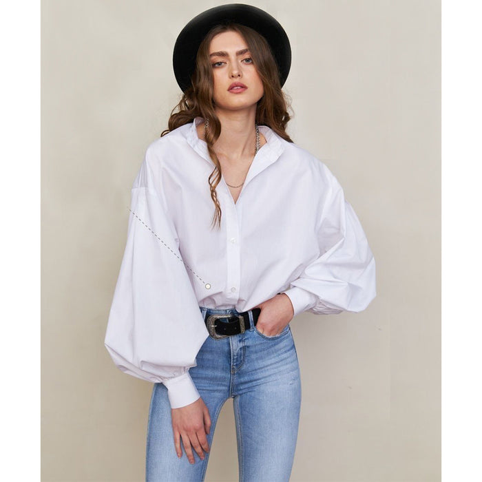 Lantern Sleeve Solid Color Shirt Spring Summer Adult Lady like Woman Office All Matching Loose Round Neck Shirt-White-Fancey Boutique