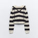 Early Autumn Retro Pullover V neck Loose Short Striped Hooded Sweater Top-Multi-Fancey Boutique