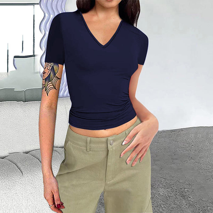 Color-Navy Blue-Women Clothing Solid Color V neck Slim Short Sleeved Tops Cropped T shirt-Fancey Boutique