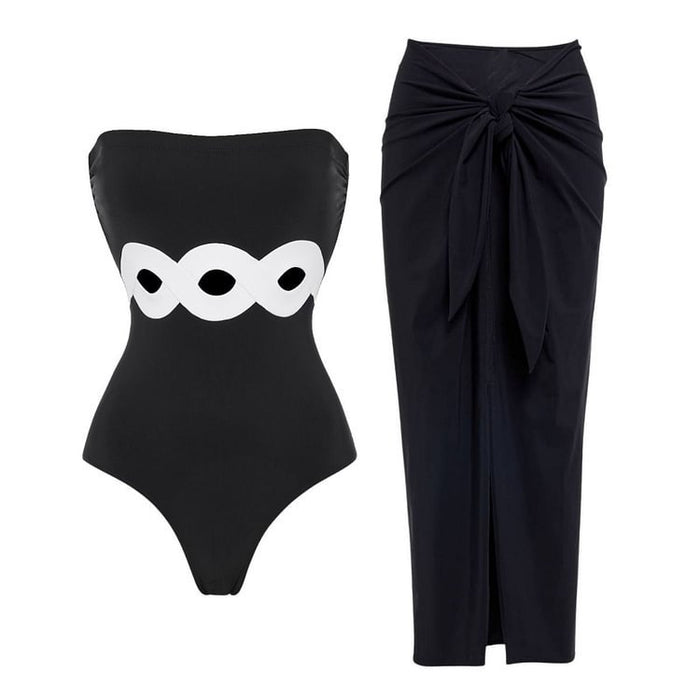 Black White Simple Hollow Out Cutout Out Swimsuit Women Skirt Set-Black Tube Top Suit-Fancey Boutique