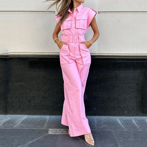 Women Jumpsuit Autumn Casual Solid Color Jumpsuit-Pink-Fancey Boutique