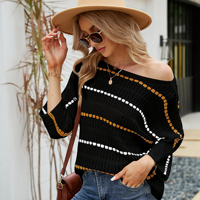 Color-Black Stripe-Loose Women Top Striped Knitwear off-Neck Hollow Out Hollow Out Cutout-out Knitted Sweater-Fancey Boutique