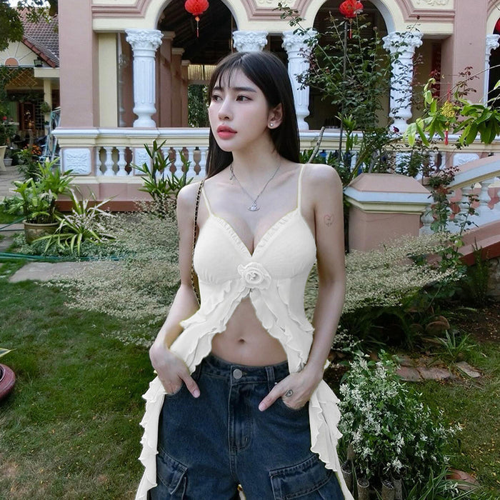 Spring Internet Celebrity Same Sling Sexy Wooden Ear Cropped Top Women-White-Fancey Boutique