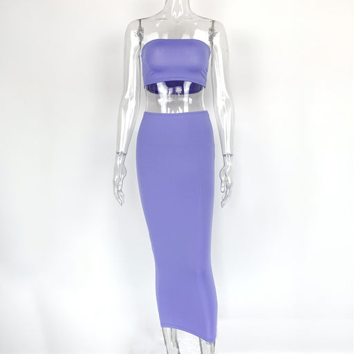 Color-Purple Blue-New Women Clothing Sexy Bandeau cropped Two-Piece Street Tight Skirt Set Summer-Fancey Boutique