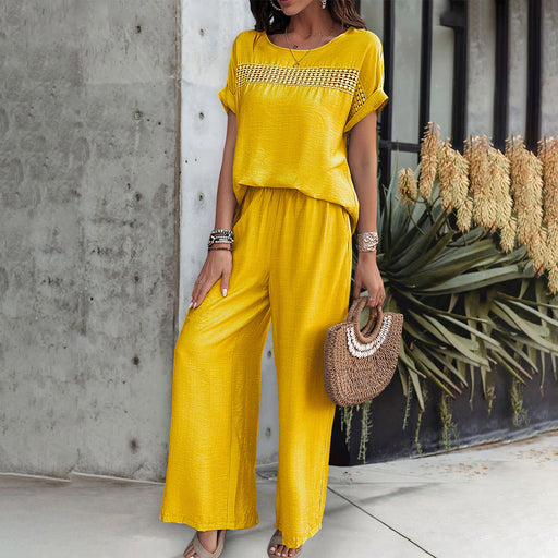 Women Clothing Spring Summer Casual Solid Color Short Sleeve Trousers Suit-Yellow-Fancey Boutique