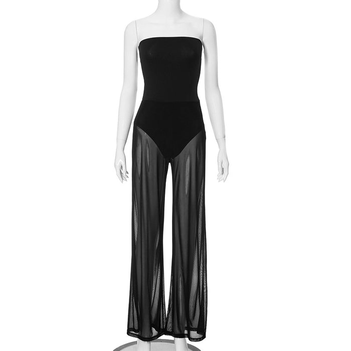 Color-Black-Women Clothing Autumn Winter Sleeveless Slim Fitting Patchwork See through Jumpsuit-Fancey Boutique